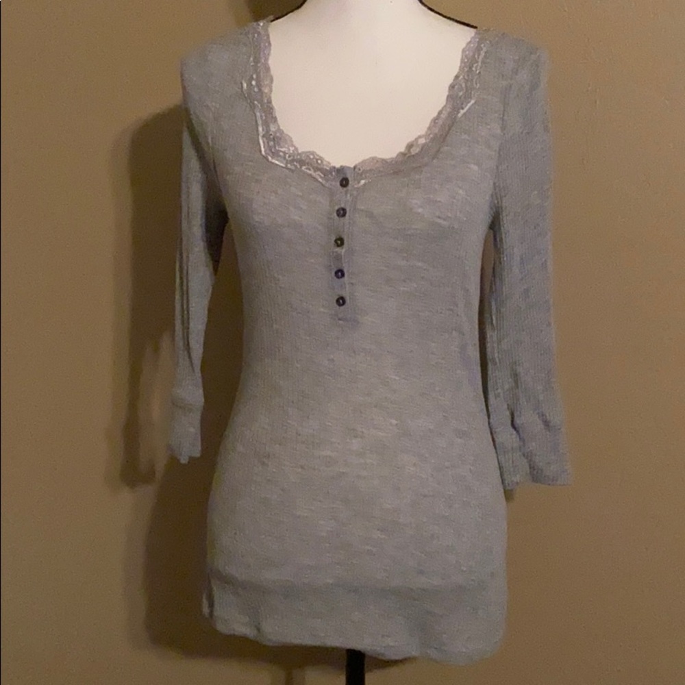 Gray Long Sleeve Laced Neck Shirt